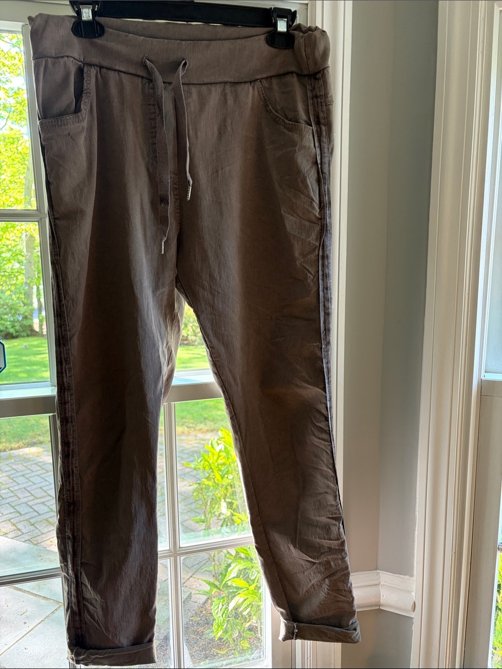 Casual stretch  Drawstring Pants - Brown. Mid-rise